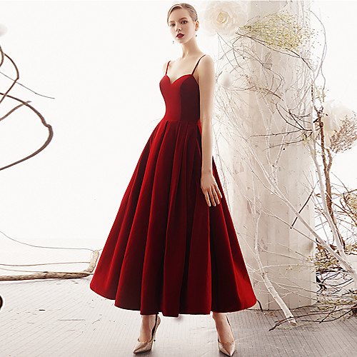 

A-Line Beautiful Back Elegant Party Wear Prom Dress Spaghetti Strap Sleeveless Ankle Length Velvet with Sleek Pleats 2021