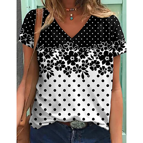 

Women's Floral Theme Painting T shirt Floral Polka Dot Color Block Print V Neck Basic Tops Black