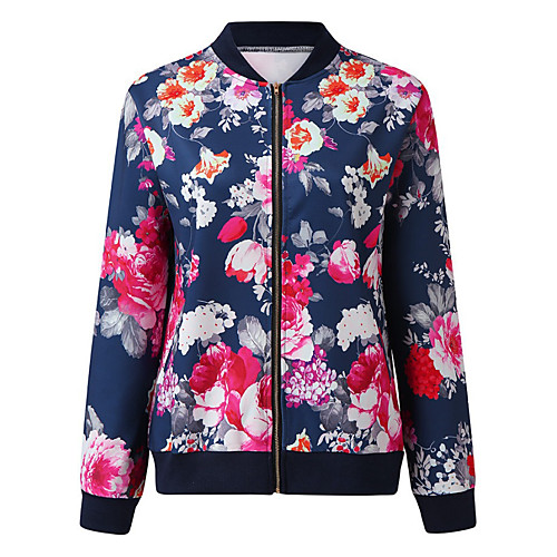 

Women's Coat Holiday Fall & Winter Regular Coat Crew Neck Slim Fit Casual Jacket Floral / Botanical Print Yellow Blushing Pink