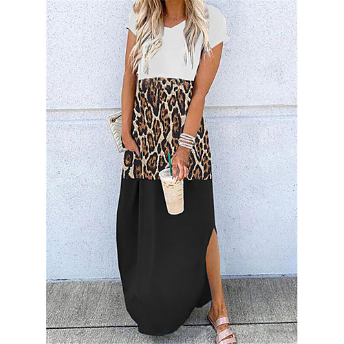

Women's T Shirt Dress Tee Dress Maxi long Dress Black Short Sleeve Color Block Split Print Summer V Neck Casual Holiday 2021 S M L XL XXL 3XL