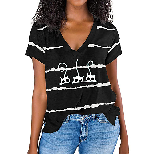 

Women's T shirt Striped Cat Graphic Print V Neck Basic Tops Fuchsia Gray Black