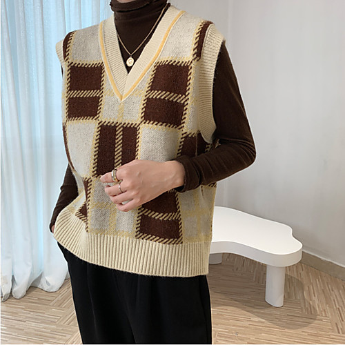 

Women's Casual Geometric Vest Sleeveless Loose Sweater Cardigans V Neck Fall Winter Spring Navy Brick red Beige / Holiday