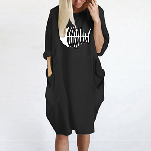 

Women's T Shirt Dress Tee Dress Knee Length Dress Blue Yellow Fuchsia Gray Green White Black Long Sleeve Print Spring Summer Round Neck Casual Oversized 2021 S M L XL XXL 3XL 4XL 5XL
