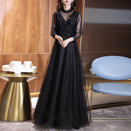 

A-Line Glittering Floral Wedding Guest Formal Evening Dress Illusion Neck 3/4 Length Sleeve Floor Length Tulle with Sequin Appliques 2021