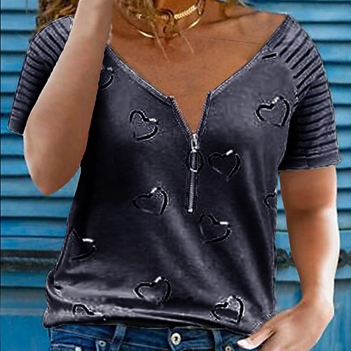 

Women's Plus Size Tops T shirt Graphic Heart Zipper Print Short Sleeve V Neck Spring Summer Blushing Pink khaki White Big Size L XL XXL 3XL 4XL