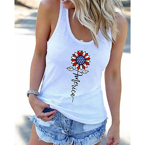 

Women's Floral Theme Independence Day Tank Top Floral Tie Dye American Flag Print Round Neck Basic Streetwear Tops Gray Red