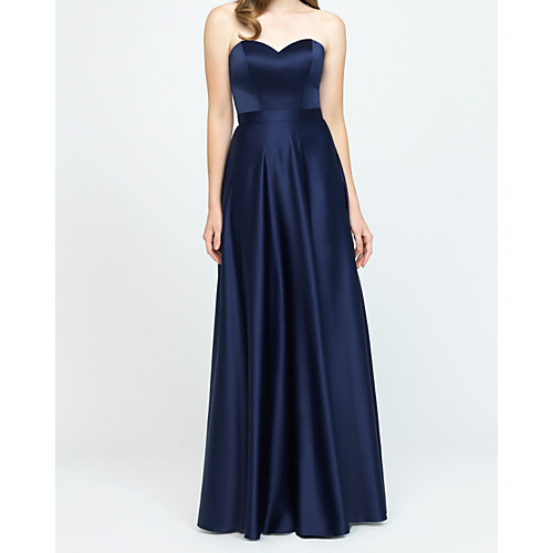 

A-Line Strapless Floor Length Stretch Satin Bridesmaid Dress with Pleats