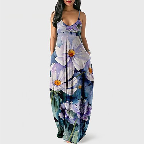 

Women's Strap Dress Maxi long Dress Blue Purple Yellow Blushing Pink Wine Army Green Fuchsia Khaki Gold Green Sleeveless Floral Print Color Block Print Summer V Neck Casual Loose 2021 XS S M L XL XXL