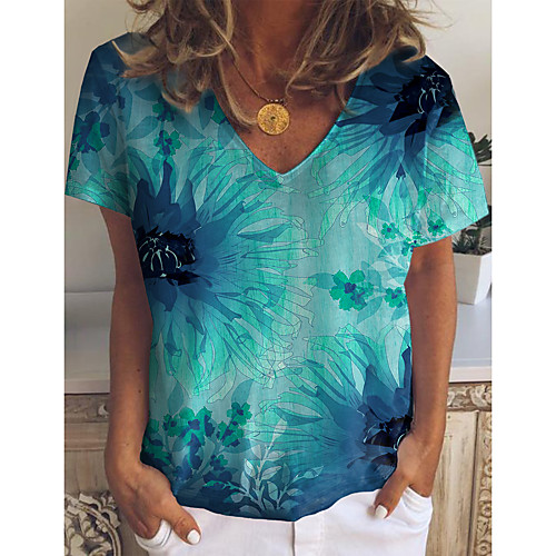 

Women's Floral Theme Abstract Painting T shirt Floral Graphic Print V Neck Basic Tops Blue Green