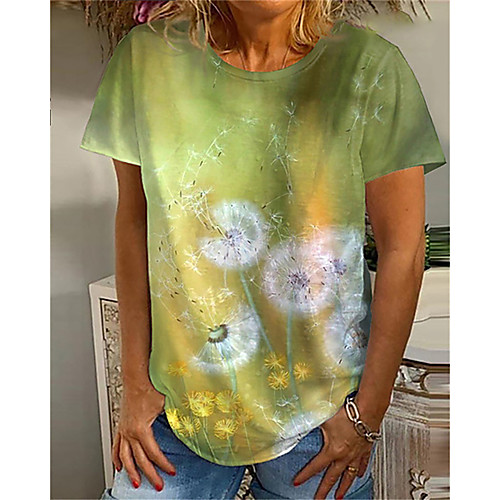 

Women's Floral Theme Painting T shirt Floral Graphic Print Round Neck Basic Tops Blue Yellow Green