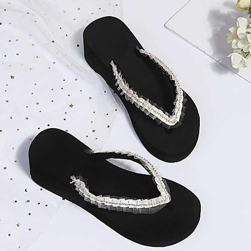 

Women's Sandals Wedge Heel Round Toe Polyester Solid Colored Black Pink Beige