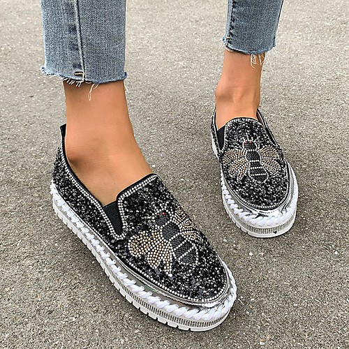 

Women's Loafers & Slip-Ons Fantasy Shoes Slip-on Sneakers Flat Heel Round Toe PU Rhinestone Solid Colored Black Silver