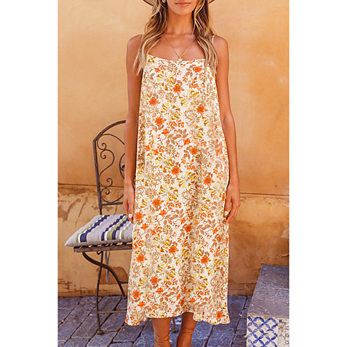 

Women's Strap Dress Midi Dress Beige Sleeveless Floral Print Summer Square Neck Casual Holiday 2021 S M L XL