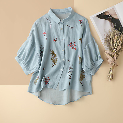 

Women's Plus Size Tops Blouse Shirt Floral Half Sleeve Round Neck khaki Sky Blue White Big Size L XL XXL 3XL