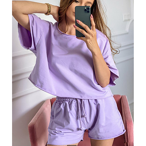 

Women's Loungewear Pajamas Sets Pure Color Pocket Solid Color Cotton Blend Polyester Sporty Casual T shirt Shorts Round Neck Street Daily Short Sleeve Not Specified Without Lining / 2 Pieces