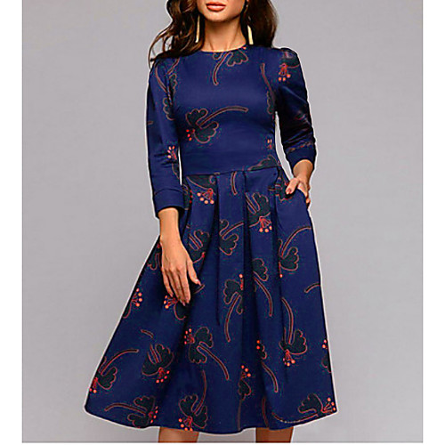 

Women's Swing Dress Knee Length Dress Navy Blue 3/4 Length Sleeve Geometric Spring Summer Round Neck Boho Slim S M L XL XXL