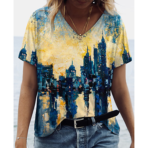

Women's Abstract Painting T shirt Scenery Tie Dye 3D Print V Neck Basic Tops Blue