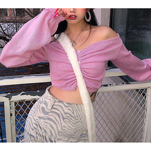 

Women's Solid Color Pullover Cotton Long Sleeve Sweater Cardigans V Neck Blushing Pink