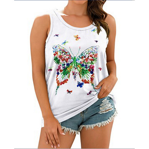

Women's Tank Top T shirt Butterfly Round Neck Tops White