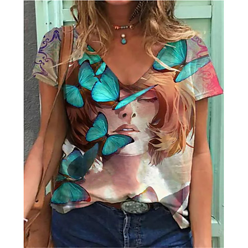 

Women's Painting T shirt Butterfly Portrait Round Neck Basic Tops Rainbow