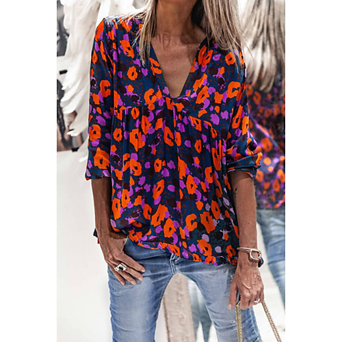 

Women's Blouse Shirt Floral Long Sleeve Print V Neck Tops Blue Yellow Khaki