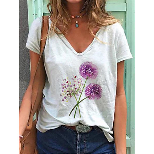 

Women's T shirt Dandelion Print V Neck Basic Tops Cotton White Blue Yellow