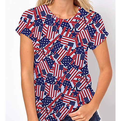 

Women's 3D Cat Painting T shirt Graphic American Flag National Flag Print Round Neck Basic Tops Blue