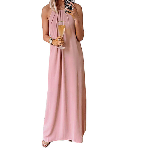 

Women's Strap Dress Maxi long Dress Blushing Pink Green Black Beige Light Blue Sleeveless Solid Color Summer cold shoulder Elegant 2021 S M L XL