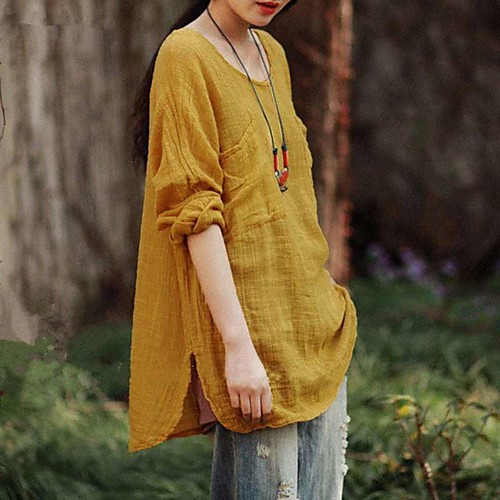 

Women's Blouse Shirt Plain Pocket Round Neck Basic Streetwear Tops Purple Yellow Green