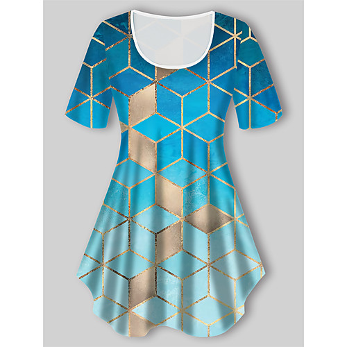 

Women's Plus Size Tops T shirt Graphic Geometry Print Short Sleeve Crewneck Basic Blue Big Size XL XXL 3XL 4XL 5XL / Holiday