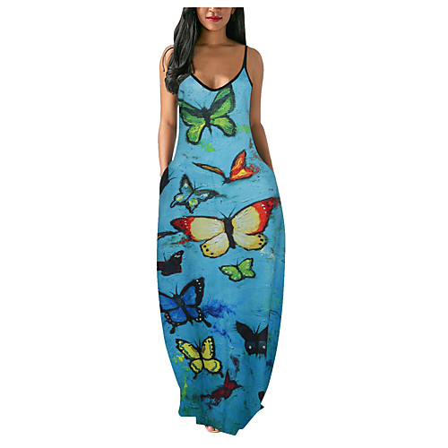

amazon new butterfly print hanging wide loose one-piece long dress summer milk silk print loose dress