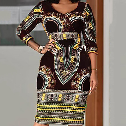 

Women's T Shirt Dress Tee Dress Knee Length Dress Blue Black 3/4 Length Sleeve Print Summer V Neck Elegant 2021 M L XL XXL 3XL