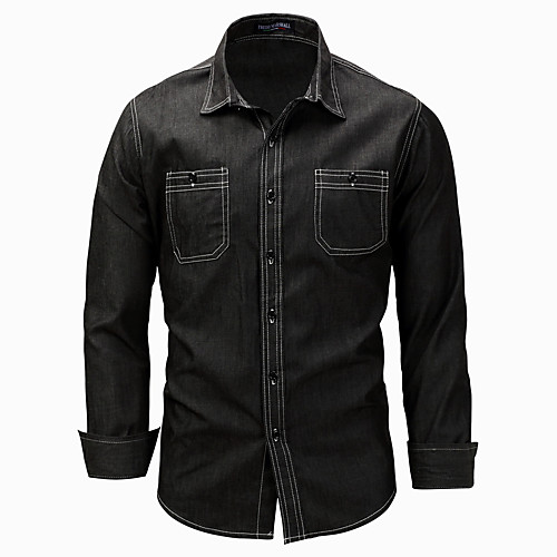 

Men's Shirt Solid Color Button-Down Long Sleeve Street Tops Cotton Casual Military Comfortable Black