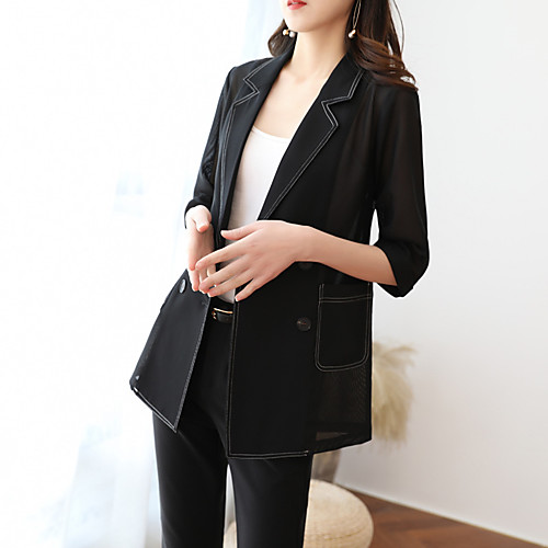 

Women's Coat Casual Summer Regular Coat V Neck Regular Fit Casual Jacket Solid Color Pocket Black