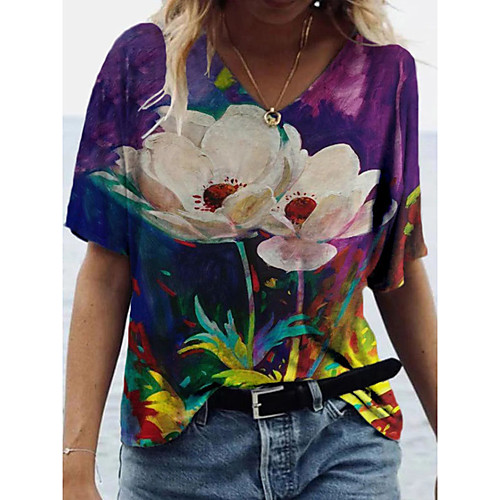 

Women's Floral Theme Painting T shirt Floral Graphic Print V Neck Basic Tops White Blue Purple