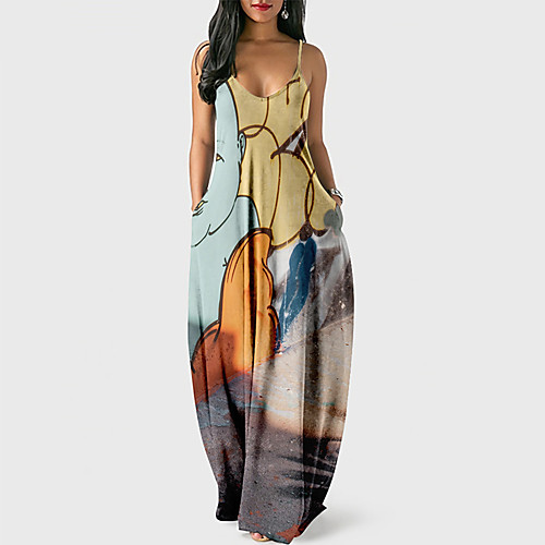 

Women's Strap Dress Maxi long Dress Blue Yellow Orange White Black Red Sleeveless Color Block Abstract Animal Print Summer V Neck Casual Loose 2021 XS S M L XL XXL 3XL 4XL