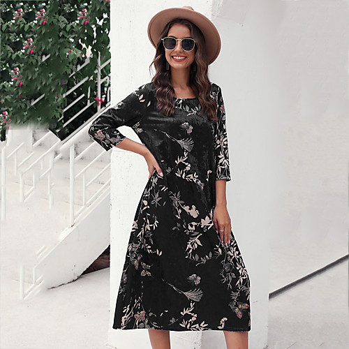 

Women's Swing Dress Midi Dress Independent real shots, stealing pictures must be Black Long Sleeve Print Spring Summer Casual / Daily 2021 M L XL XXL 3XL 4XL