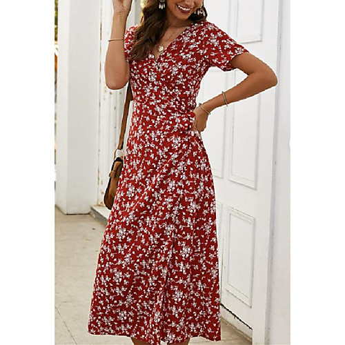 

Women's Swing Dress Midi Dress Navy Red Wine Short Sleeve Print Spring Summer Casual 2021 S M L XL