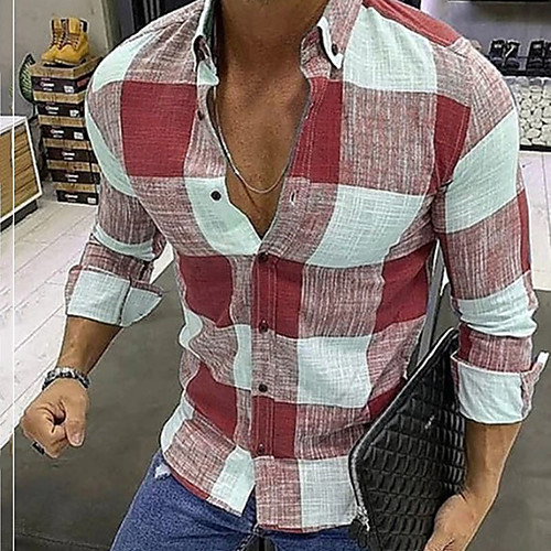 

Men's Shirt Plaid Button-Down Long Sleeve Casual Tops Casual Fashion Breathable Comfortable Red