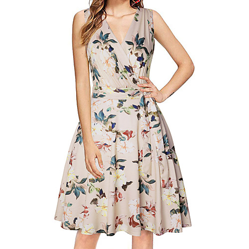 

Women's Swing Dress Knee Length Dress Green Beige Sleeveless Print Print Fall Summer Halter Neck Sexy 2021 S M L XL XXL