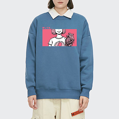 

Women's Pullover Sweatshirt Cartoon Print Daily Other Prints Basic Hoodies Sweatshirts Loose Blue Blushing Pink White