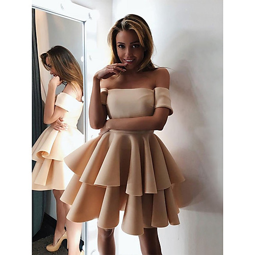 

A-Line Minimalist Sexy Engagement Cocktail Party Dress Off Shoulder Short Sleeve Knee Length Satin with Tier 2021
