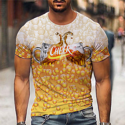

Men's Tee T shirt Shirt 3D Print Graphic Prints Beer Print Short Sleeve Daily Tops Casual Designer Big and Tall Yellow