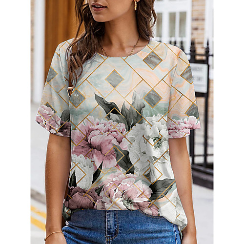 

Women's Floral Theme Geometric Painting T shirt Floral Geometric Print Round Neck Basic Tops Gray