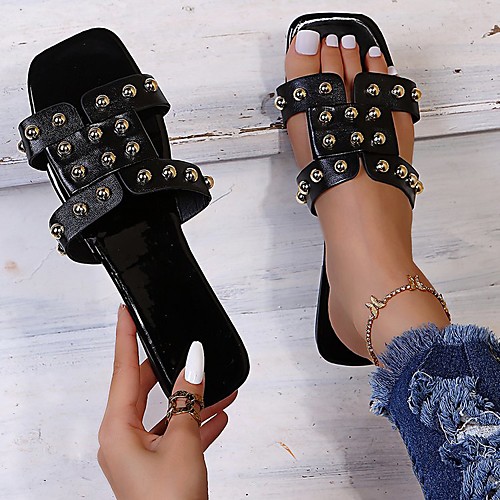 

Women's Sandals Outdoor Slippers Flat Heel Square Toe PU Beading White Black Brown