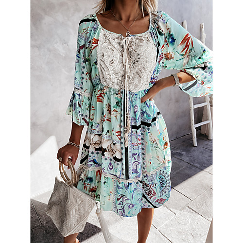 

Women's Swing Dress Knee Length Dress Blushing Pink Green Apricot 3/4 Length Sleeve Print Spring Summer Casual 2021 S M L XL 2XL