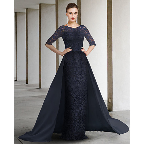 

A-Line Mother of the Bride Dress Elegant Jewel Neck Sweep / Brush Train Chiffon Lace Half Sleeve with Pleats 2021