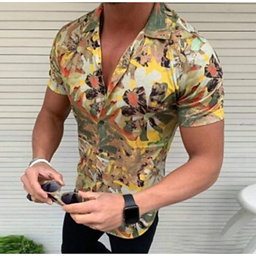 

Men's Shirt Floral Button-Down Short Sleeve Casual Tops Cotton Casual Fashion Breathable Comfortable Yellow Green