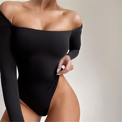 

Women's Casual Off Shoulder Sporty Look Black Bodysuit Solid Color