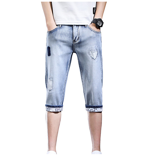 

Men's Athleisure Breathable Outdoor Casual Daily Jeans Shorts Pants Patchwork Calf-Length Print Light Blue